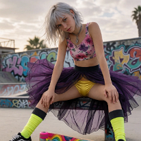 Playful Edge: Skater Girl in Tutu at Graffiti Skatepark A young woman with a short, fringed bob is sitting on a bench at the San Diego skatepark. Her tutu flutters in the wind, revealing a pair of bright yellow...