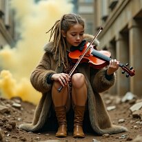 The Final Song She crouched between broken stones, ashes, and shattered concrete—an island of stillness in the sea of destruction. Her small hands gently held the violin, the...