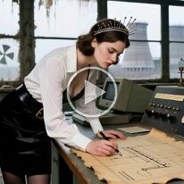 Transcribing the Old Control Plan A young woman in a decommissioned nuclear plant control room carefully copies switch positions onto a hand-drawn schematic. White blouse, black lace bra, velvet...