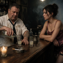 The Quiet Lull of a Slow Night Behind a scarred wooden bar, a tired bartender mixes pastis. A young server in a burgundy corset-style top leans on the counter, waiting. Her vacant stare and...