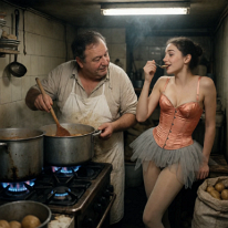 A Stolen Bite and a Paternal Smile In a tiny, steam-filled kitchen, a young dancer in a satin corset savors a stolen bite from a tasting spoon. The older cook glances at her with a gentle,...