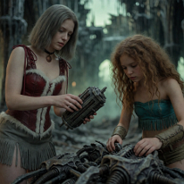 THEY HARVEST THE SECRETS OF A DEAD CATHEDRAL The dome lies in ruins—a frozen skeleton of steel and bone. She holds the small reactor in her hands, its cold core pulsing against her palms. Beside her, her...