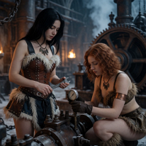 HEART OF THE MACHINE – STEAM-DRIVEN HOPE The great hall breathes – a frozen cathedral of rust and steam. She holds the wrench like a scepter, watching. Her partner mounts the pressure gauge, fingers...