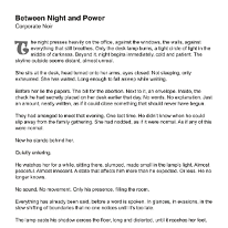 Between Power and Night Secretary faces guilt and fear as her boss watches from shadows in office.