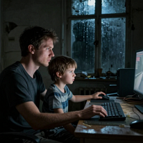 Remnants of Days No One Counts Anymore A man and his young son sit in a cluttered, dark room, lit only by a monitor. A broken life unfolds in silence after loss, unemployment, and abandonment, where...