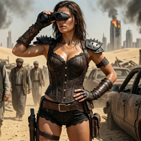Scanning the Ruins of Burning Dubai A young female scavenger stands among rusted vehicle wrecks, searching the horizon through binoculars. Around her move weary survivors among debris and ruins,...