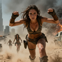 Lead Charge Through the Burning Sandstorm A female warrior leads a charge through a violent sandstorm in a collapsed Dubai wasteland, pushing forward with raised fists as ash, dust, and debris fill the...