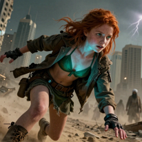 Signal in the Ruins of Dubai A young scavenger woman with red hair explores the abandoned ruins of a collapsed Dubai, where towering skyscrapers lie in decay and sandstorms reclaim the...