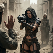 Kasbah Standoff Im midground stands a young female warrior aiming a futuristic weapon at a surrendering man in a narrow ruined alley filled with sand and dust, suggesting a...
