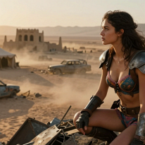 Desert Watch Over the Scrap Horizon A young woman crouches on a jagged heap of scrap metal and destroyed machines in a post-apocalyptic Moroccan desert plain, looking into the distant wasteland....