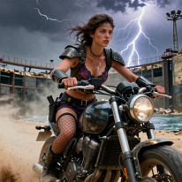 Storm Rider Through the Ruins of Suez A female warrior rides a modified motorcycle through a desert storm, pushing through sand, dust, and debris. She moves at high speed through a collapsing...